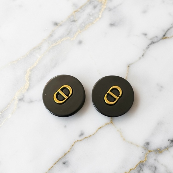 Upcycled Jewelry - Luxury Black/Gold Signature Logo Upcycled Button Earrings 17mm